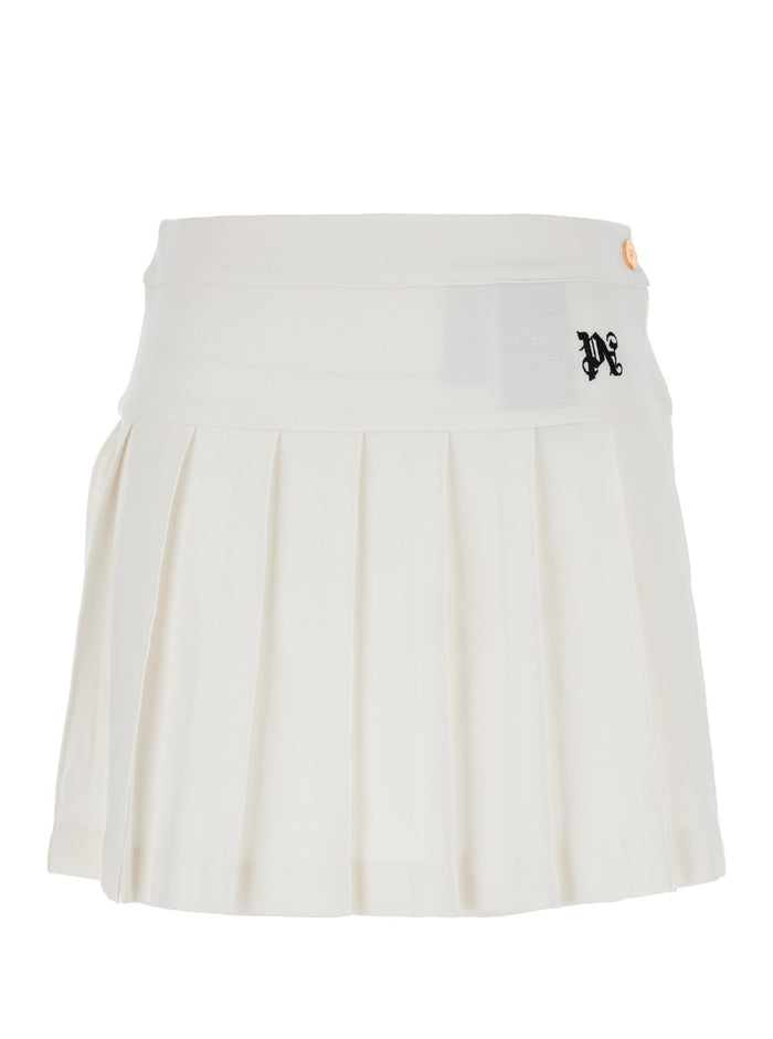 White Pleated Mini-Skirt With Logo Embroidery Cotton Canvas Woman