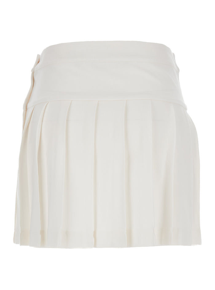 White Pleated Mini-Skirt With Logo Embroidery Cotton Canvas Woman