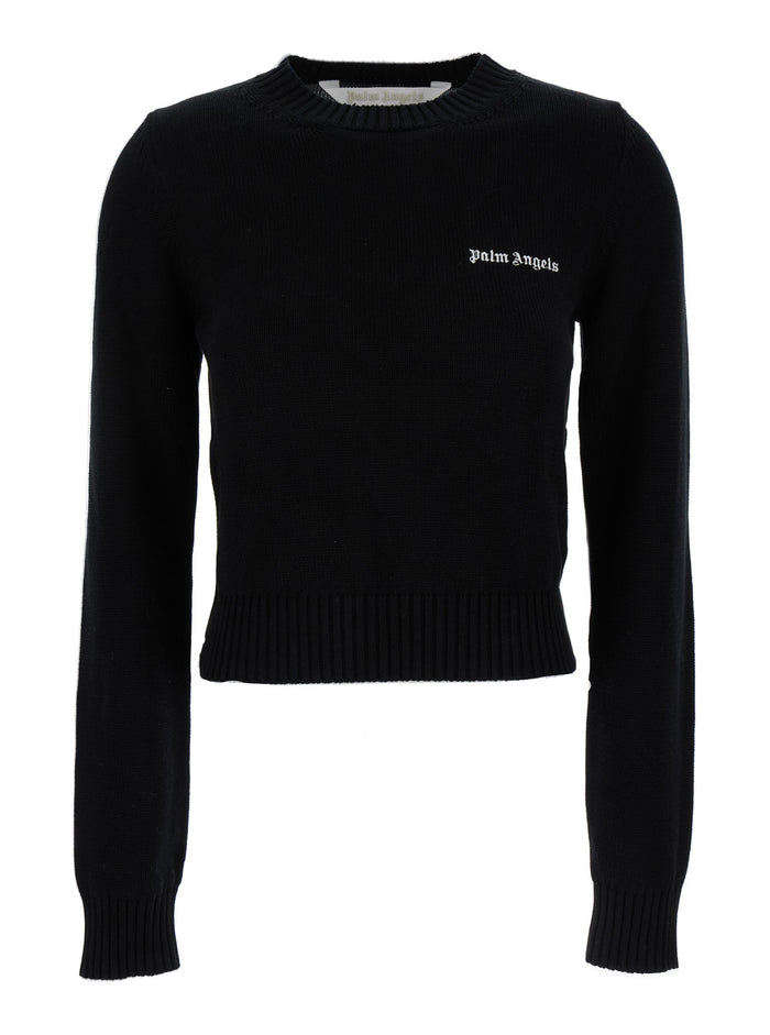 Black Crewneck Sweater With Emboridered Logo Cotton Woman Jersey
