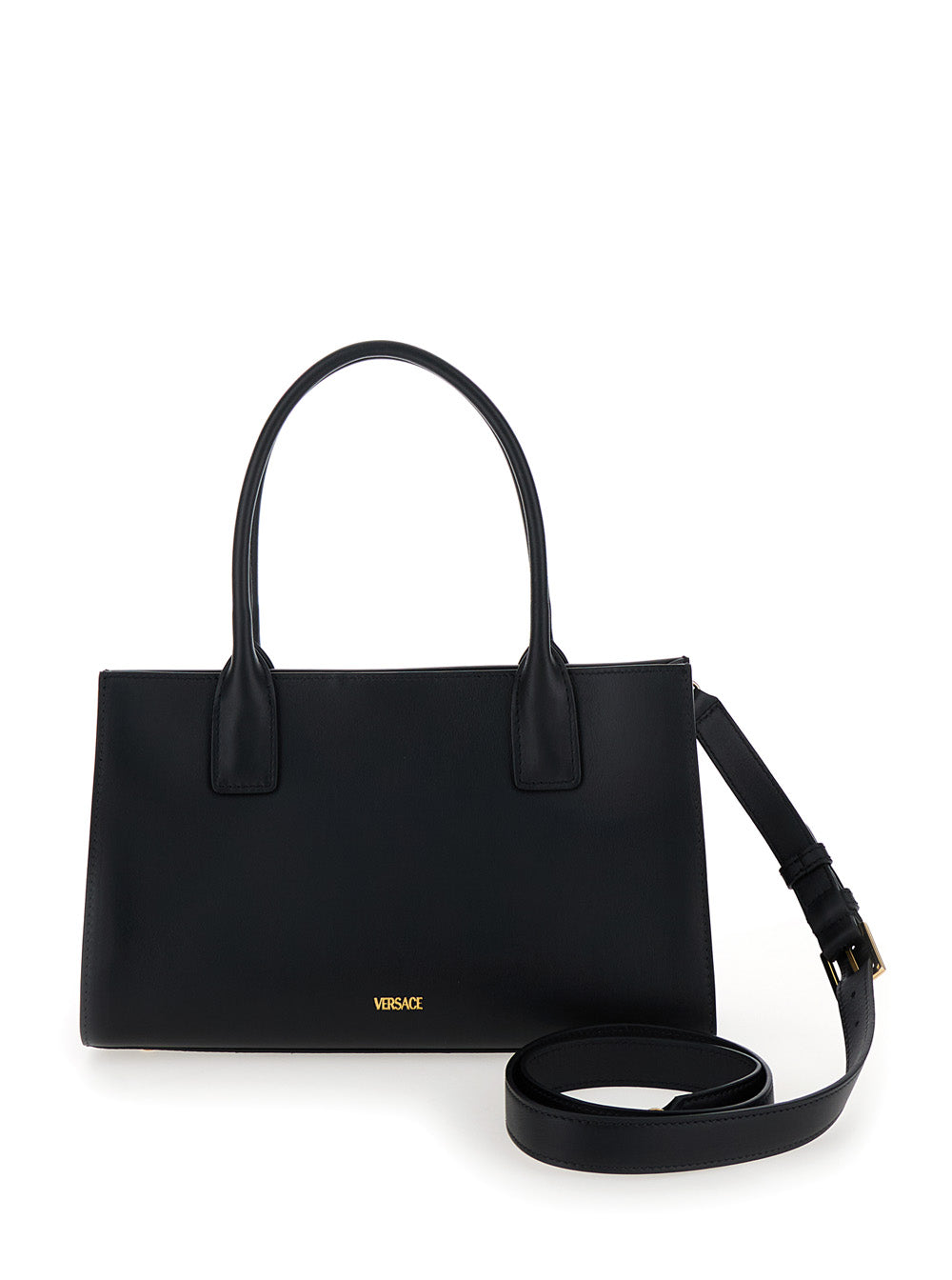 Medusa 95 Black Tote Bag With Logo Detail Smooth Leather Woman Calf Hand