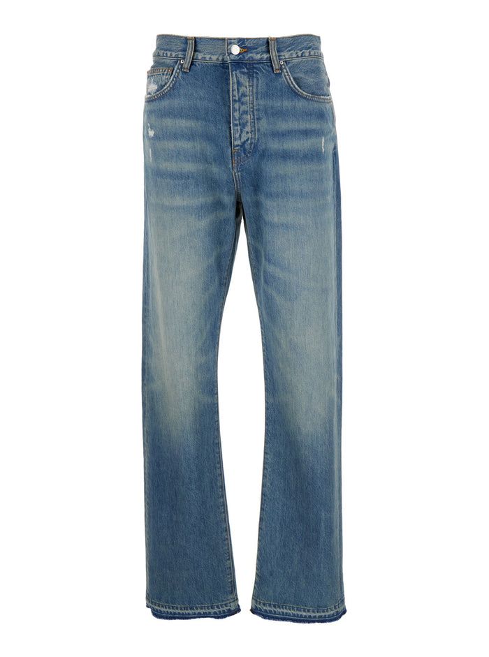 Light Blue Straight Jeans With Used Effect Cotton Denim Man