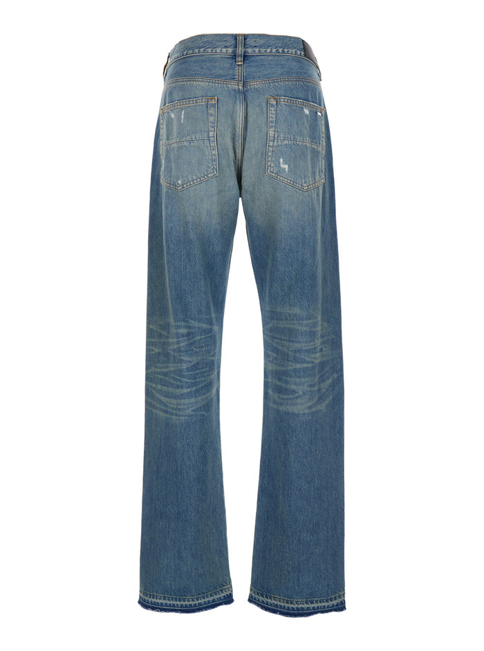 Light Blue Straight Jeans With Used Effect Cotton Denim Man