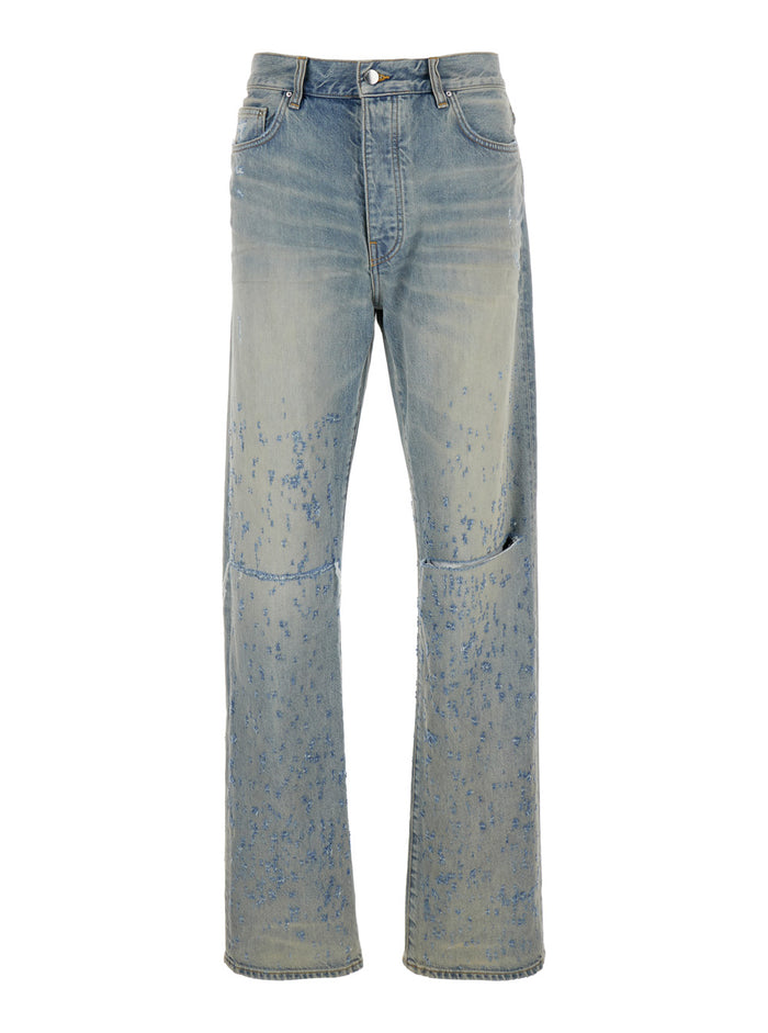 Light Blue Destroyed Straight Jeans With Cut-Out Cotton Denim Man