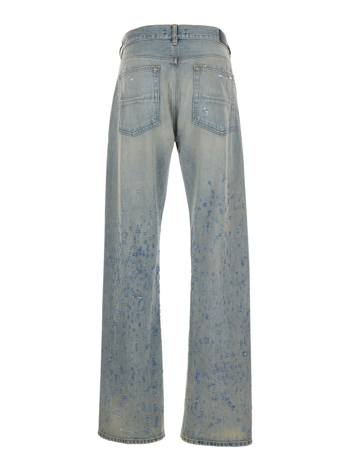 Light Blue Destroyed Straight Jeans With Cut-Out Cotton Denim Man