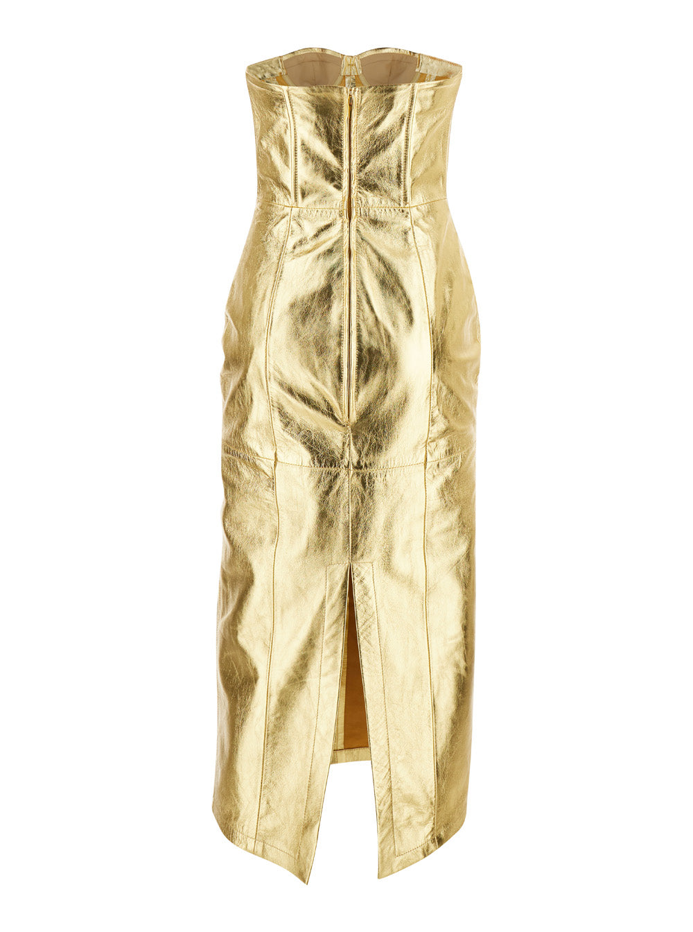 Gold Strapless Midi Dress Leather Woman Metallic