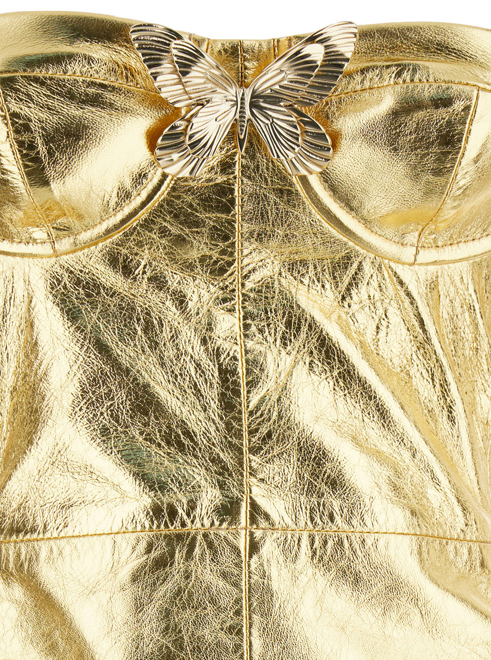 Gold Strapless Midi Dress Leather Woman Metallic