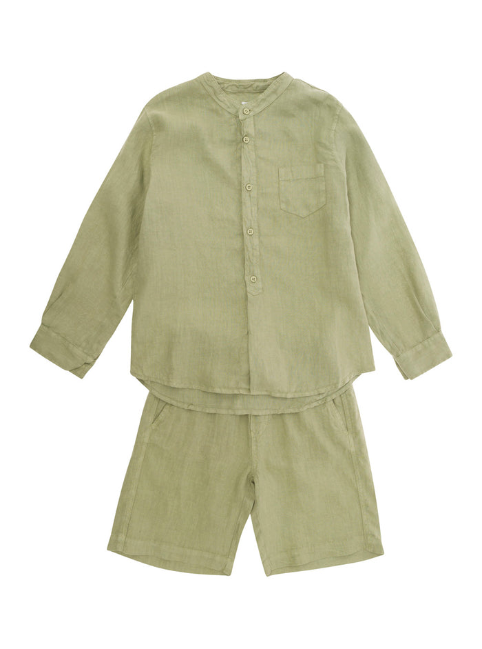Green Shirt And Shorts Set Linen Boy Suits