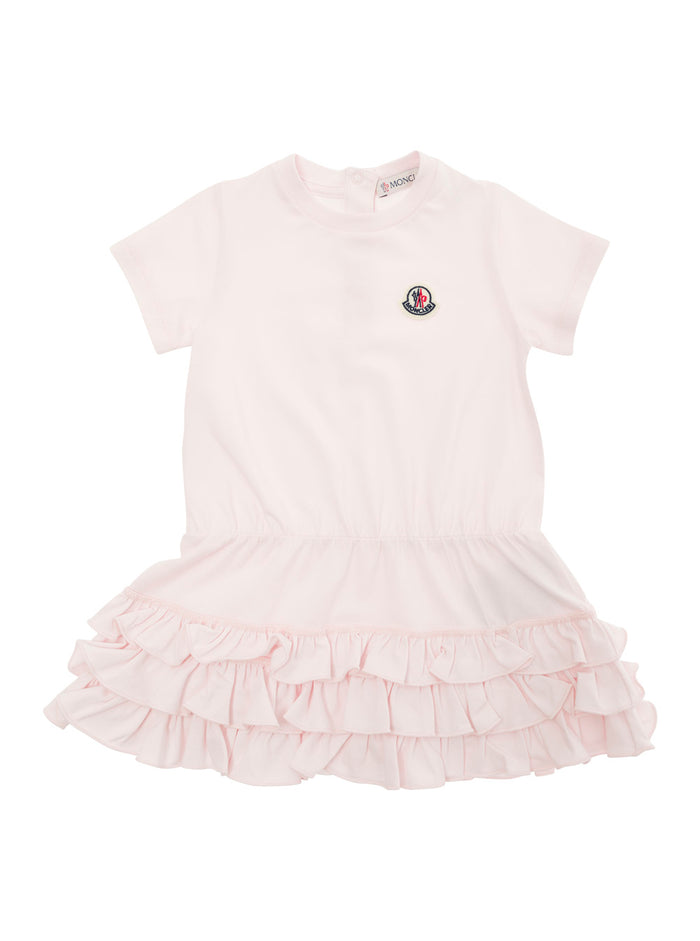 Pink Dress With Flounced Skirt And Logo Patch Stretch Cotton Baby Elastane