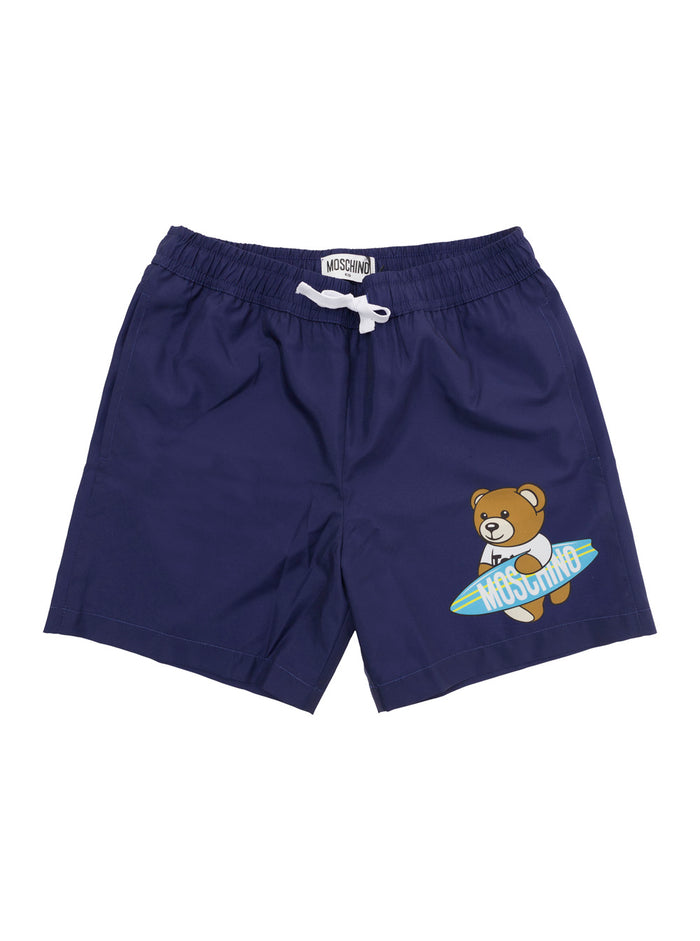 Blue Swimsuit With Teddy Bear Logo Application Technical Fabric Boy Blu Polyester Beachwear