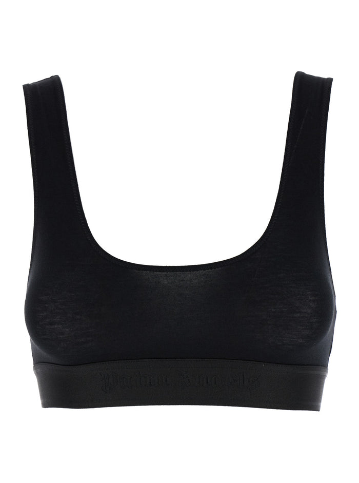 Black Sports Bra With U Neckline Cotton Blend Woman Elastane Tops