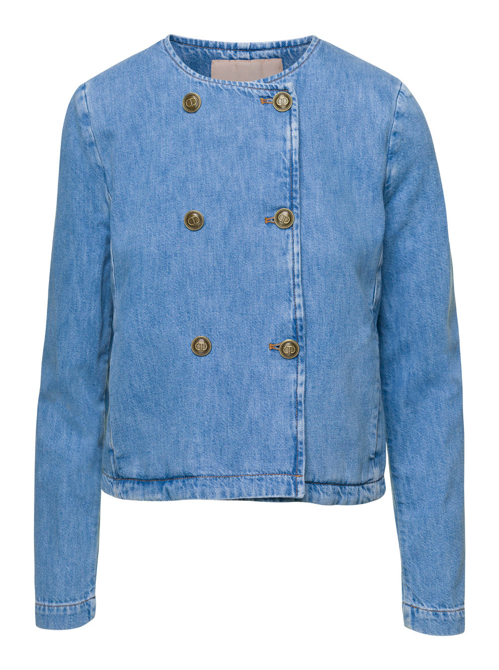 Light Blue Denim Crewneck Jacket With Buttons Cotton Woman Blu Blazers