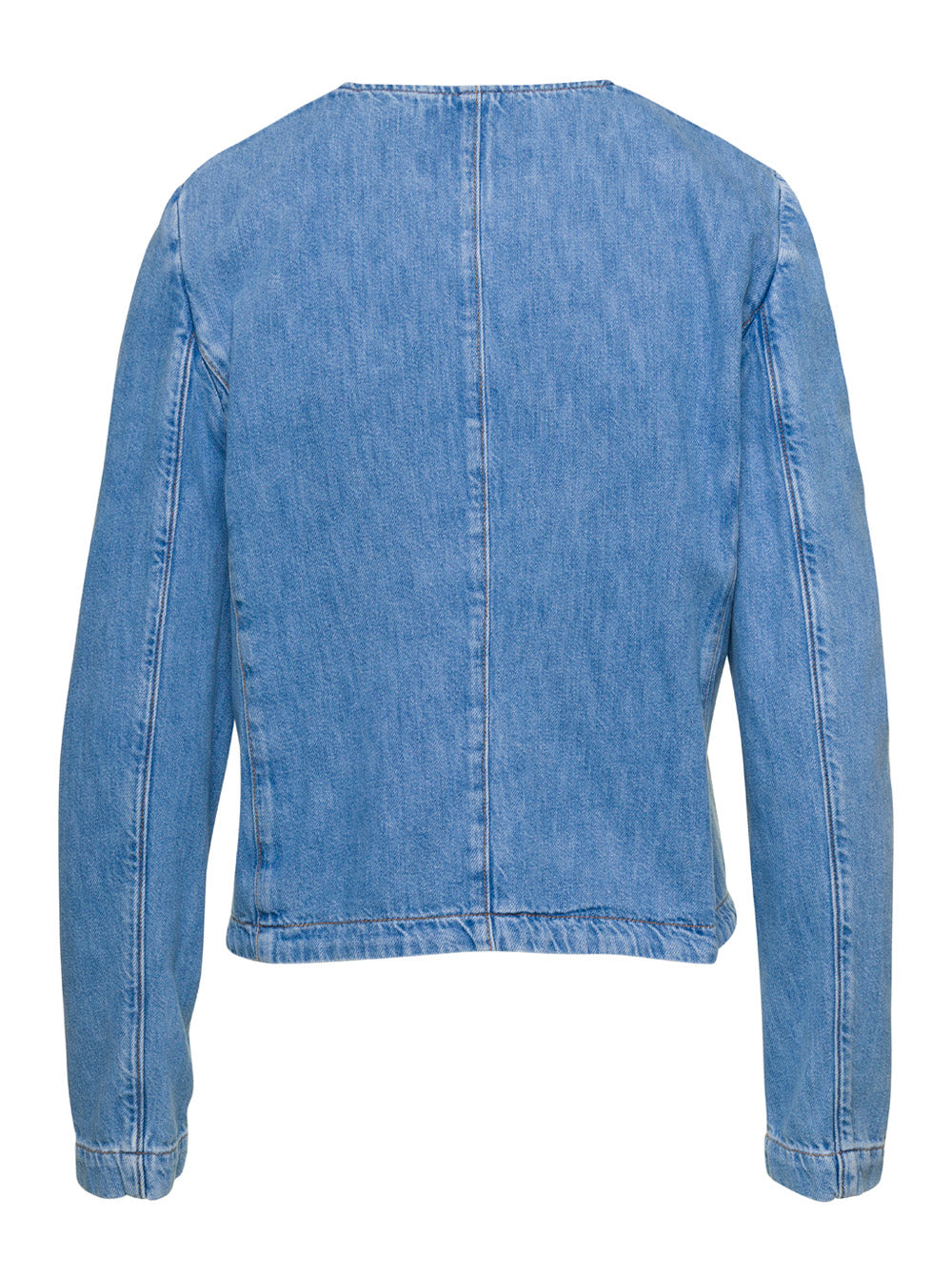 Light Blue Denim Crewneck Jacket With Buttons Cotton Woman Blu Blazers