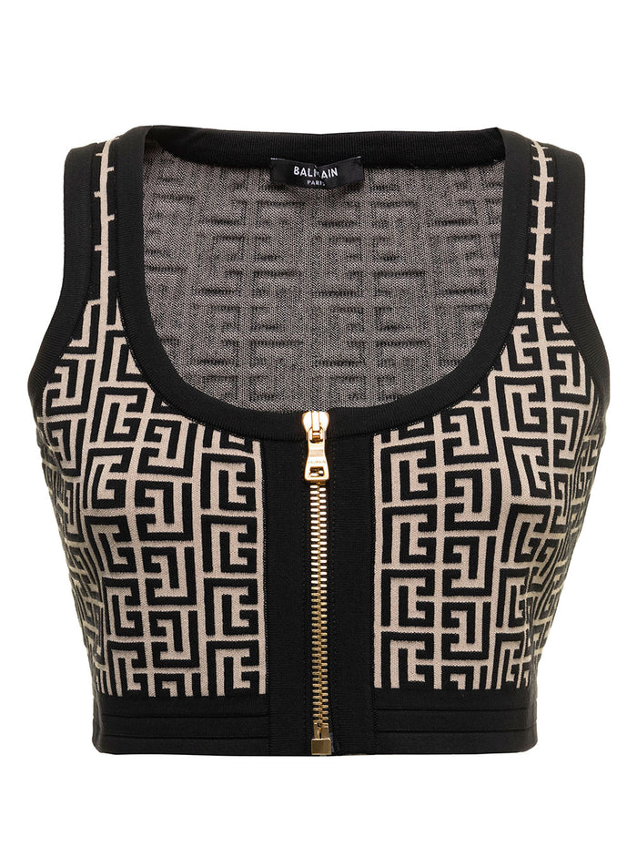 Balmain Womans Monogram Wool Blend Crop Top Black