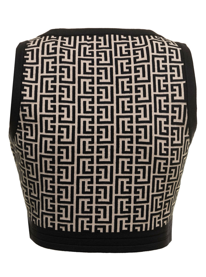 Balmain Womans Monogram Wool Blend Crop Top Black
