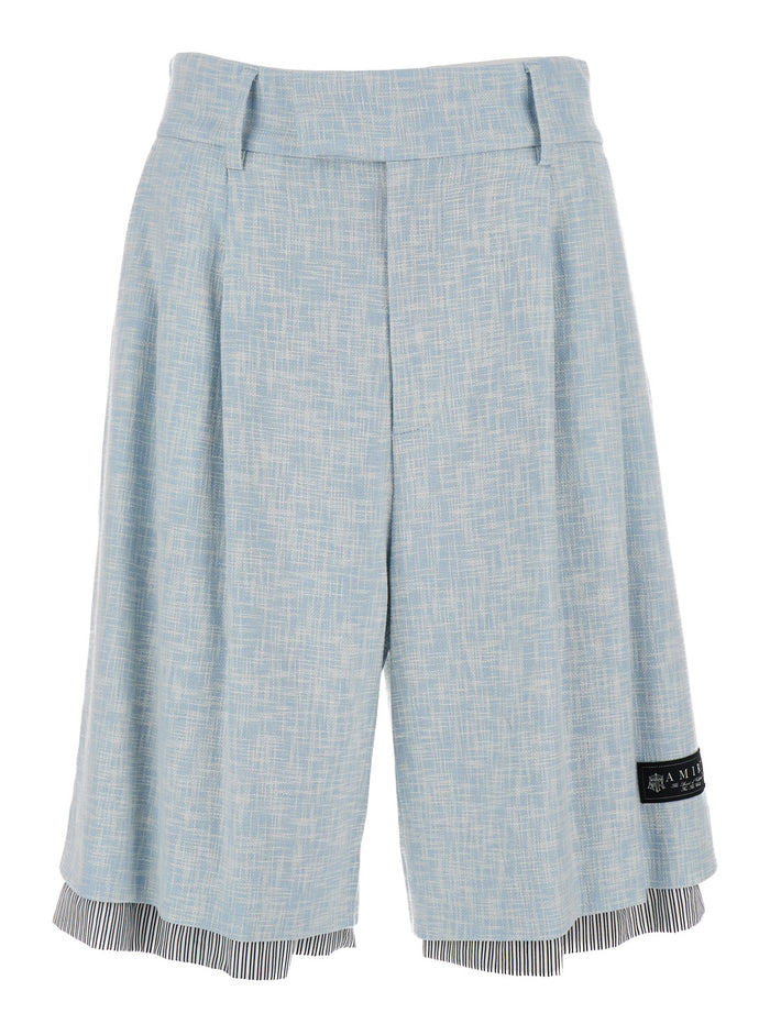 Light Blue Layered Bermuda Shorts With Logo Patch Wool And Cotton Man