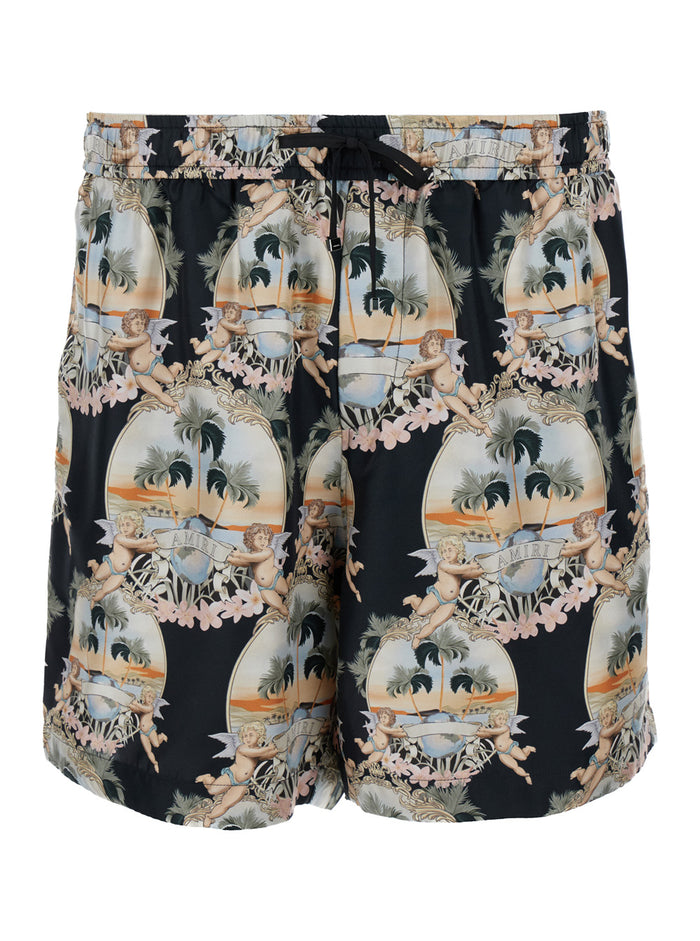 Black Bermuda Shorts With Drawstring Silk Man Twill And