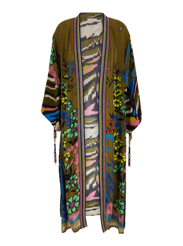 Green Kimono With Floral Print Viscose Woman Beachwear