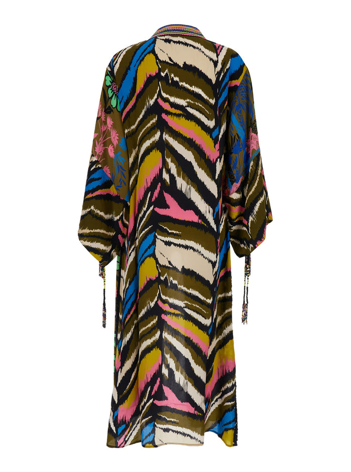 Green Kimono With Floral Print Viscose Woman Beachwear