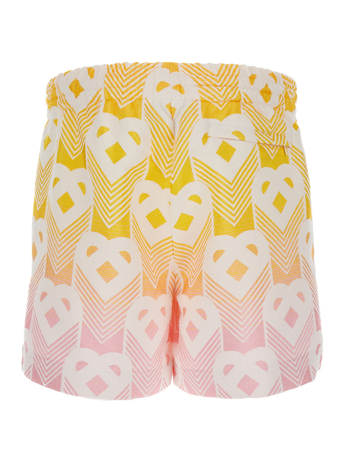 Orange And Pink Bermuda Shorts With Logo All Over Techno Fabric Man