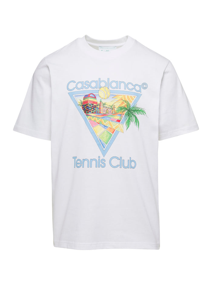White T-Shirt With Tennis Club Print Cotton Man Organic Tshirts And Polo Shirts