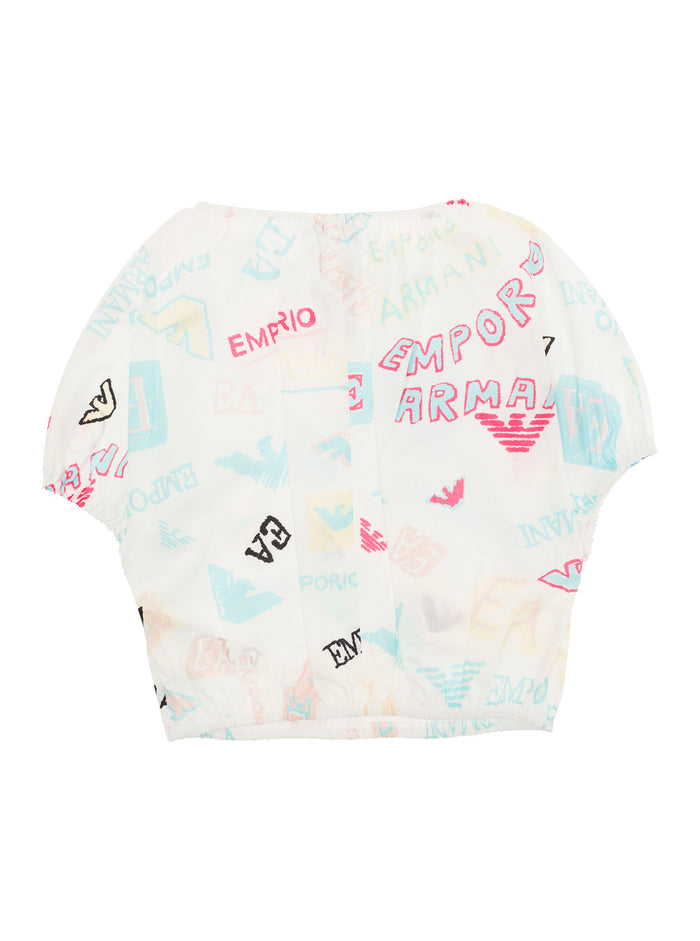 White Elasticated T-Shirt With Multicolor Print Cotton Girl Tshirts And Polo Shirts
