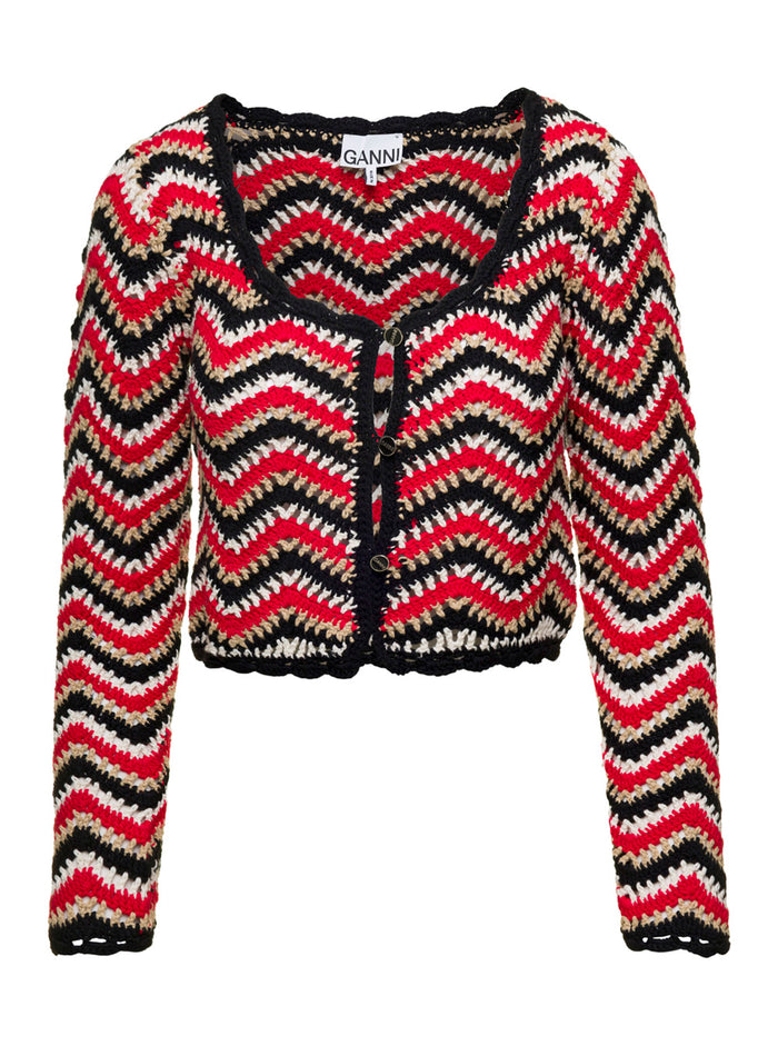 Red Crochet Cardigan Organic Cotton Woman Jersey