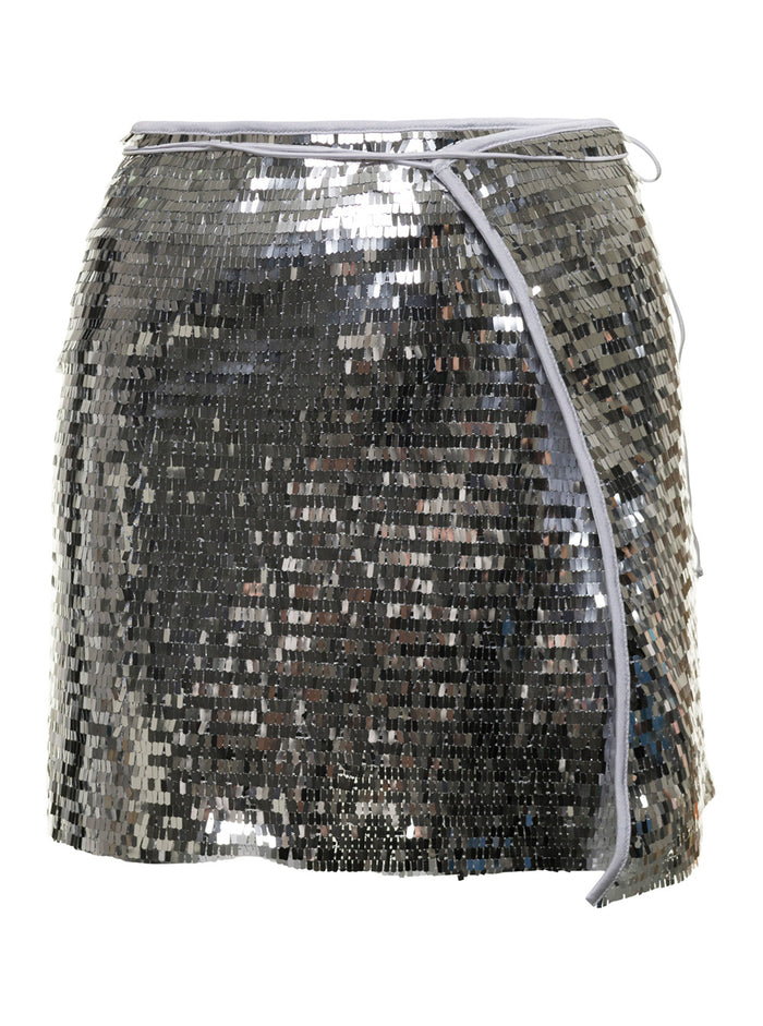 Silver Wrap Mini Skirt Techno Fabric Woman Metallic Polyester