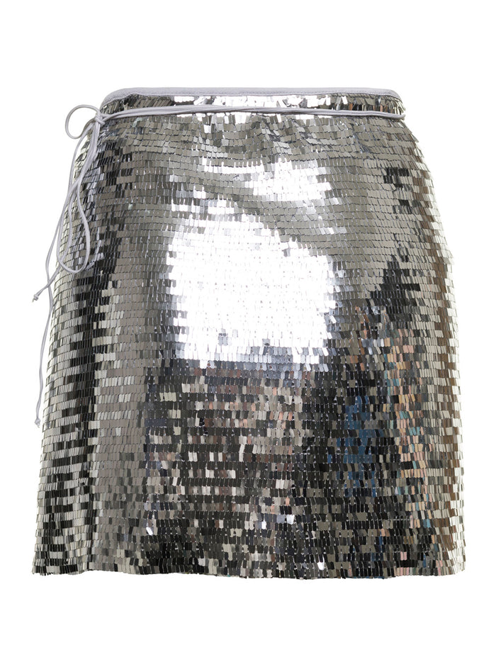 Silver Wrap Mini Skirt Techno Fabric Woman Metallic Polyester