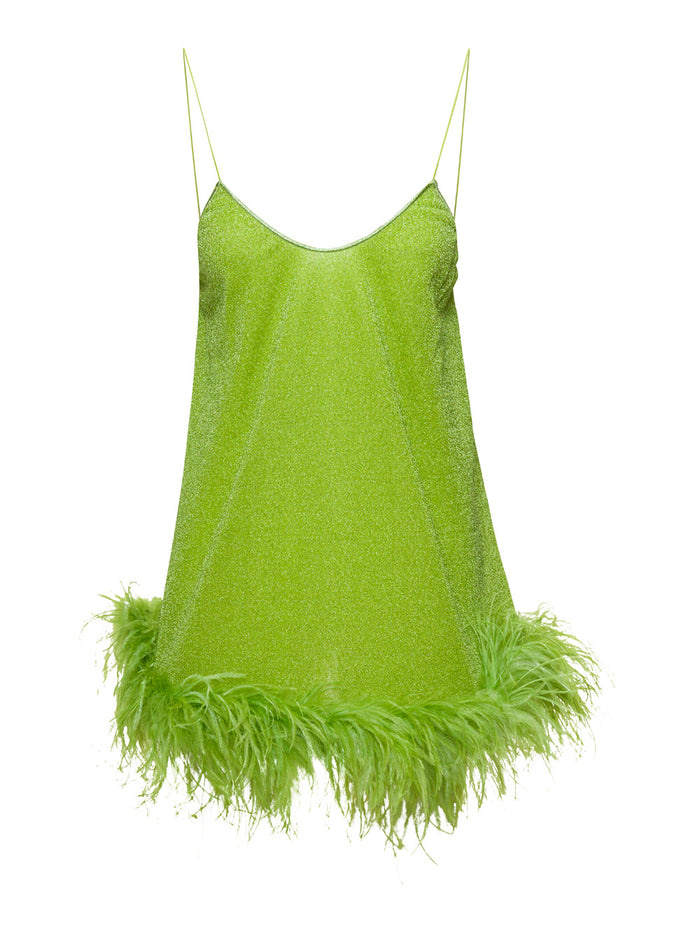 Green Mini Dress With Feathers Lurex Woman Polyamide Metallic