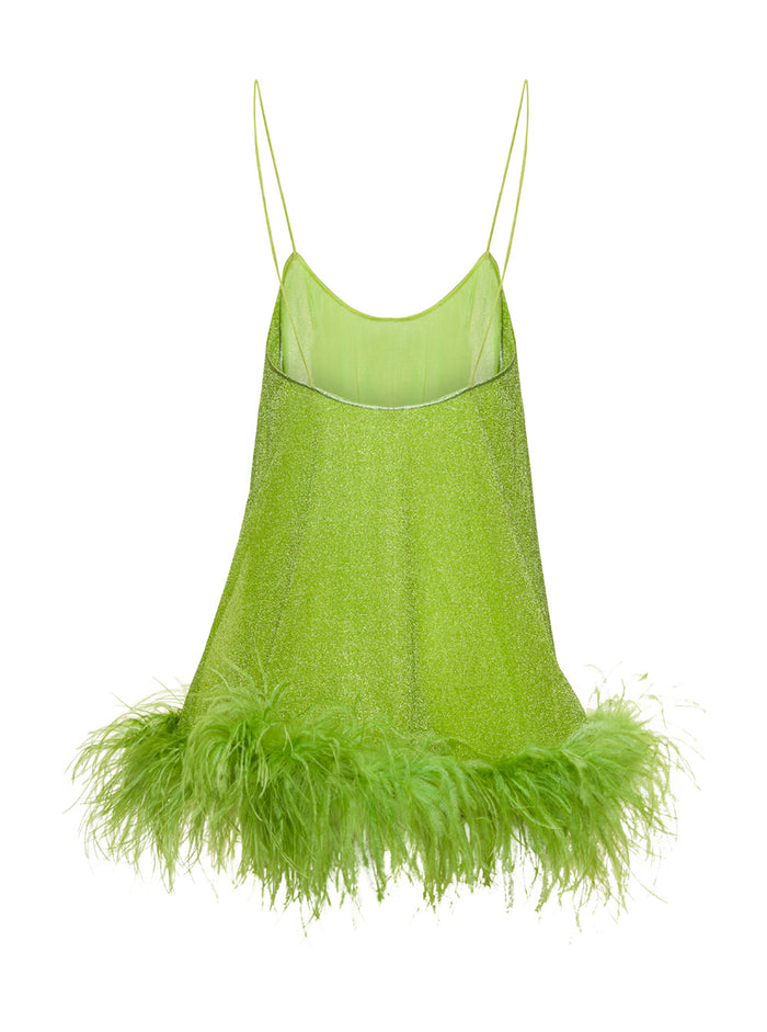 Green Mini Dress With Feathers Lurex Woman Polyamide Metallic