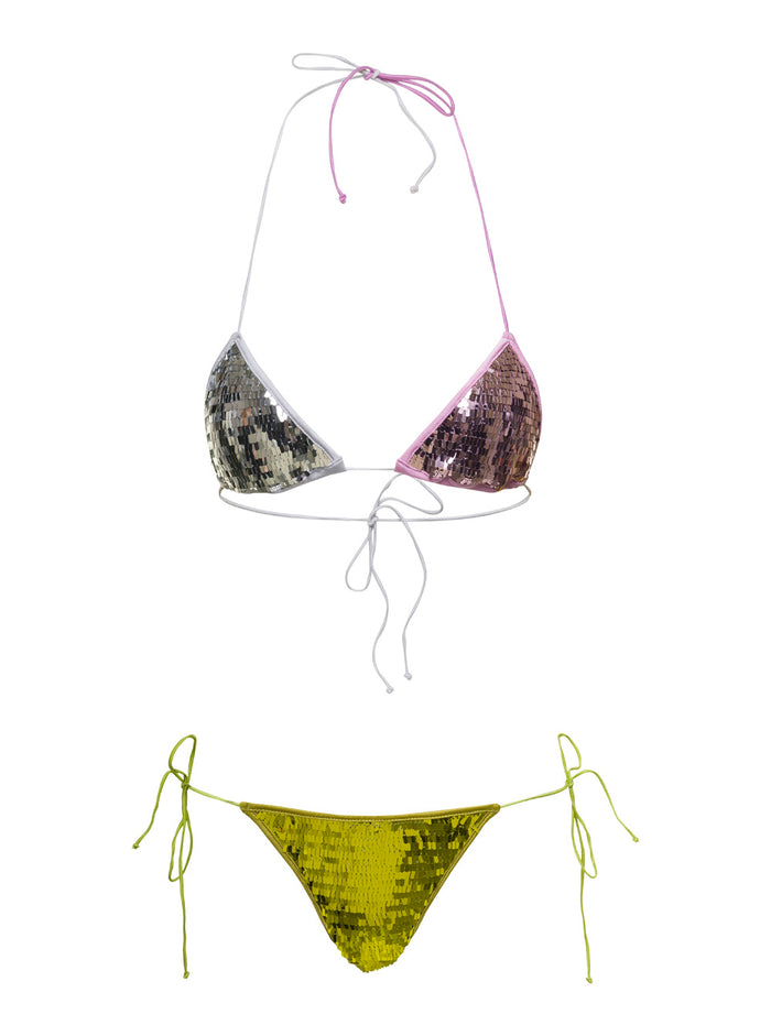 Multicolor Triangle-Shaped Bikini With Sequins All Over Techno Fabric Woman Polyester Beachwear