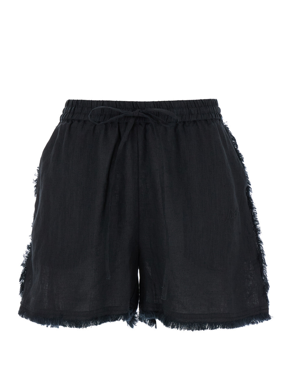 Black Shorts With Drawstring And Fringed Hem Linen Woman Bermuda