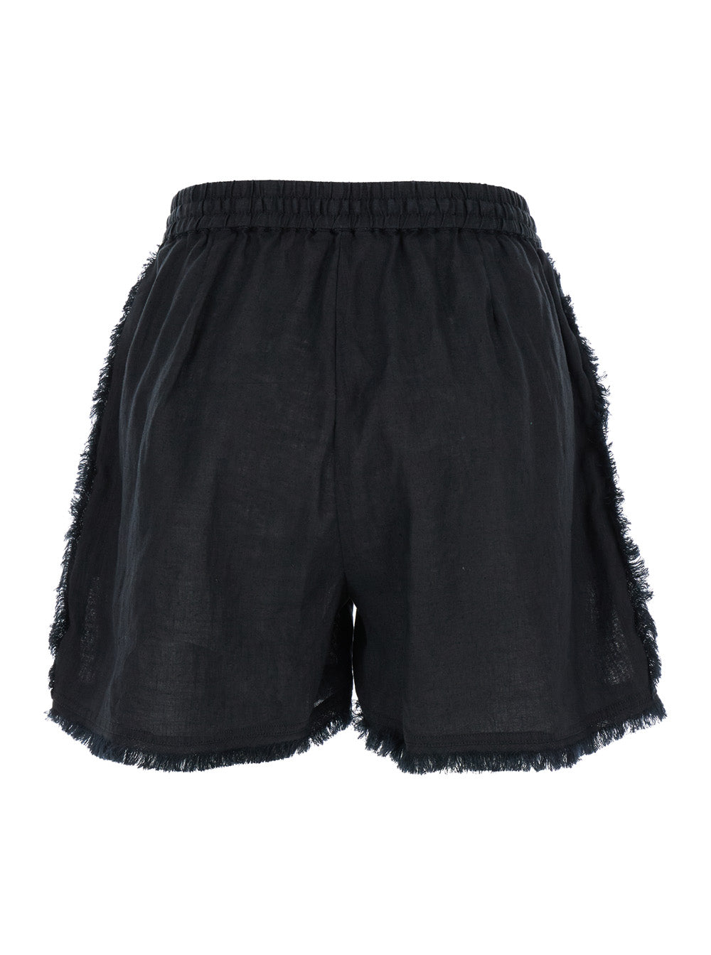 Black Shorts With Drawstring And Fringed Hem Linen Woman Bermuda