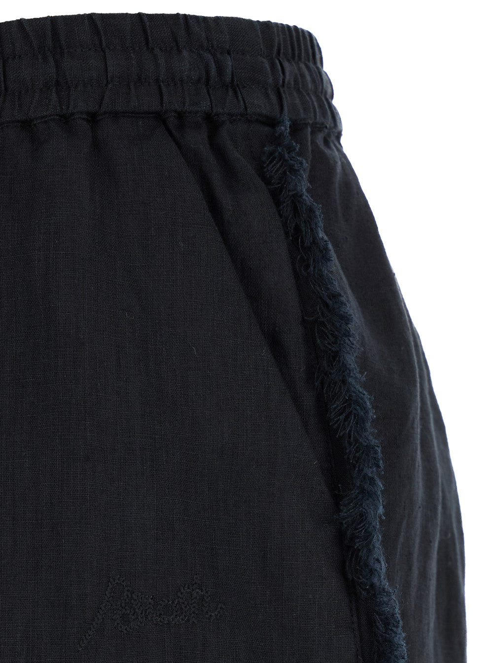 Black Shorts With Drawstring And Fringed Hem Linen Woman Bermuda