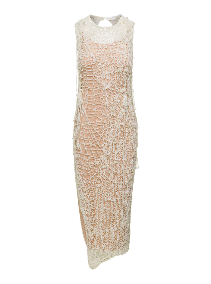Maxi White Dress With String Of Pearls Crochet Woman Cotton Elastane Long
