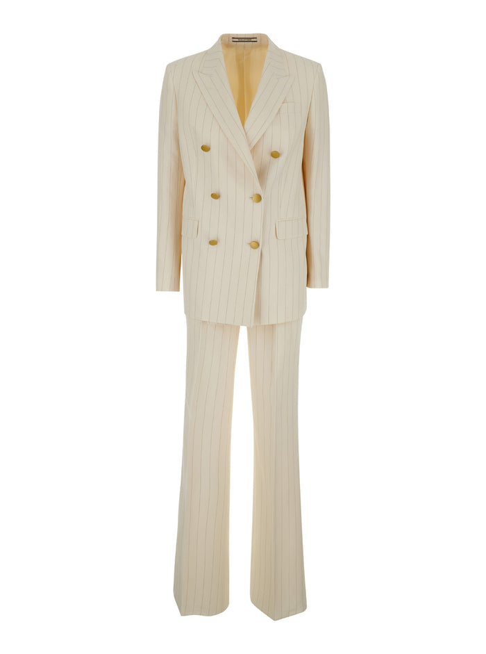 Beige Striped Double-Breasted Suit Cotton And Linen Woman Polyamide Suits