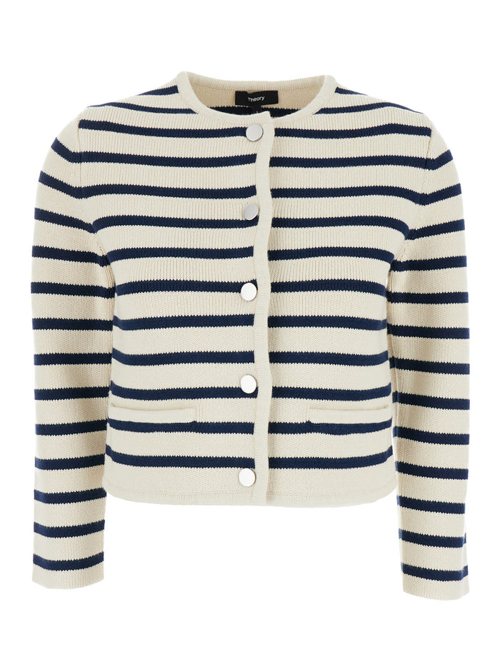 White Crewneck Sriped Cardigan Cotton Woman Blazers