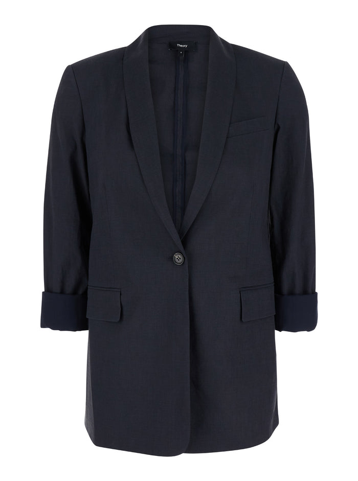 Black Single-Breasted Jacket With Cuffed Sleeves Linen And Viscose Woman Elastane Blazers
