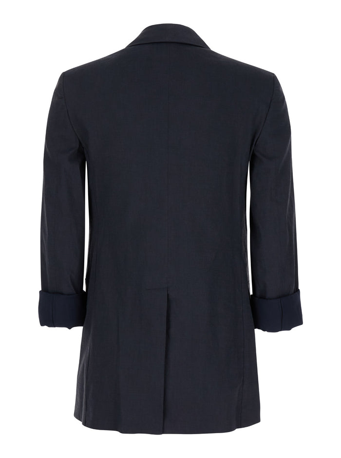 Black Single-Breasted Jacket With Cuffed Sleeves Linen And Viscose Woman Elastane Blazers