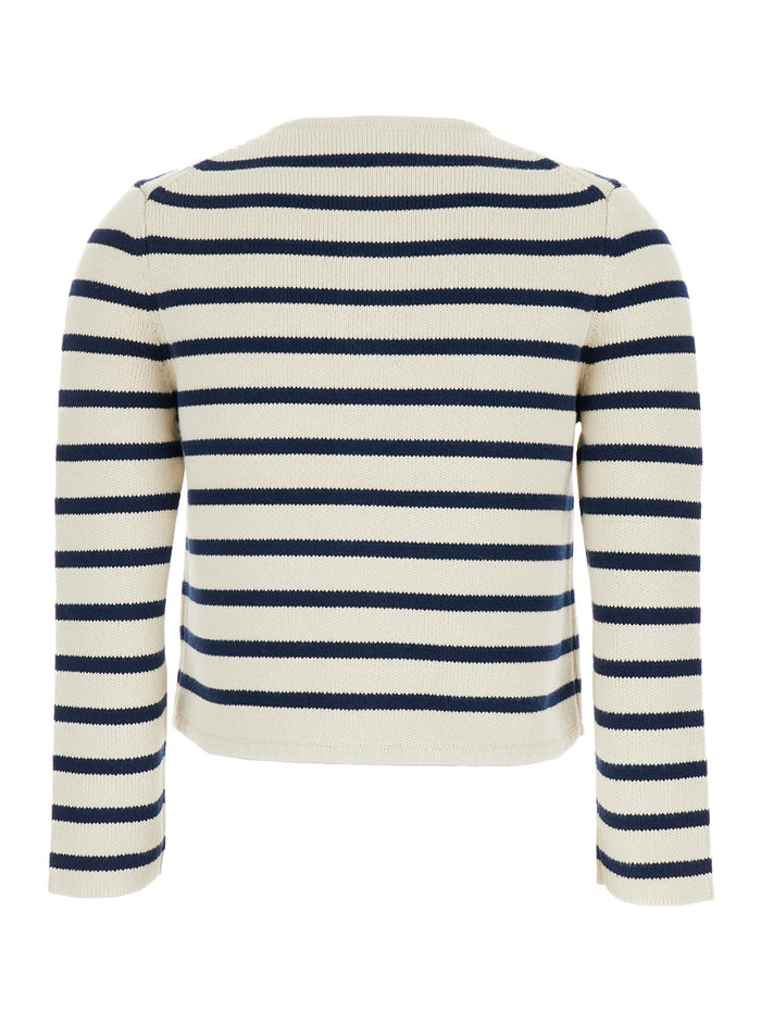 White Crewneck Sriped Cardigan Cotton Woman Blazers