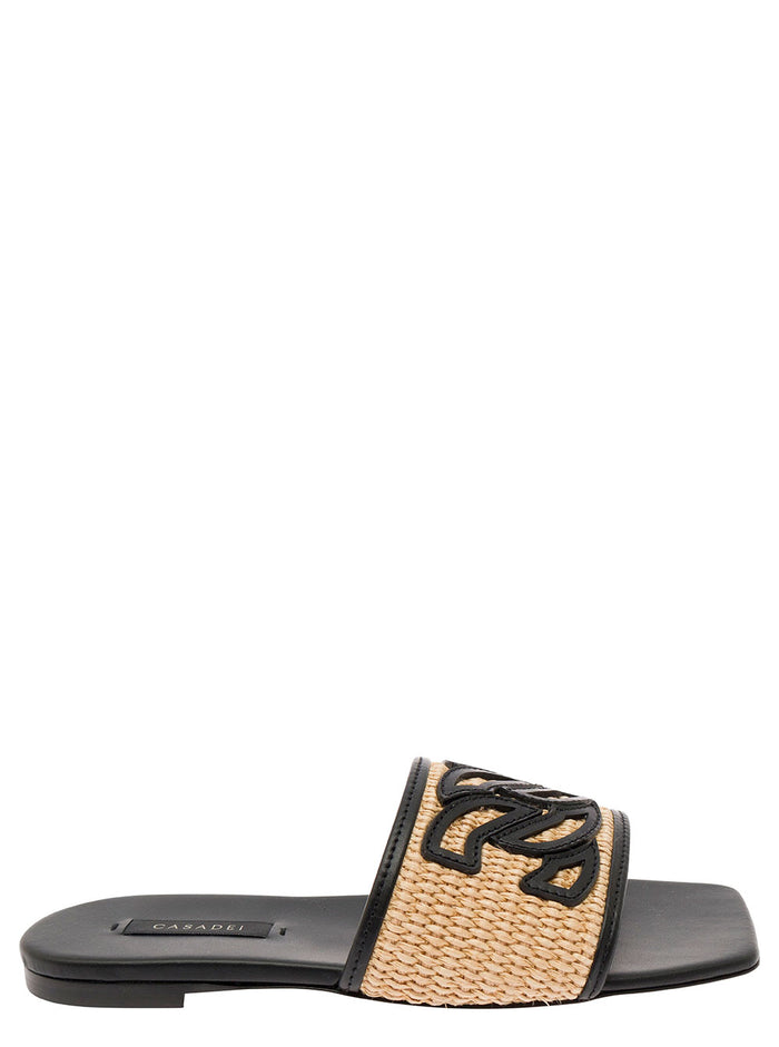 Portofino Black Slip-On Sandals With C-Chain Logo Leather Woman Beige Calf Cotton Polyamide Flat Shoes