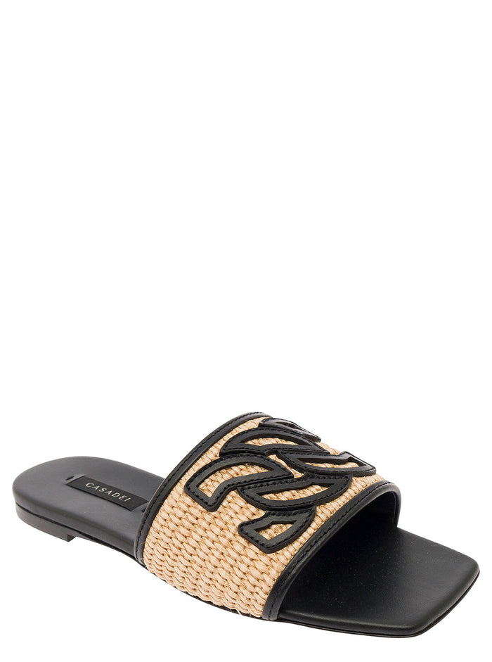 Portofino Black Slip-On Sandals With C-Chain Logo Leather Woman Beige Calf Cotton Polyamide Flat Shoes