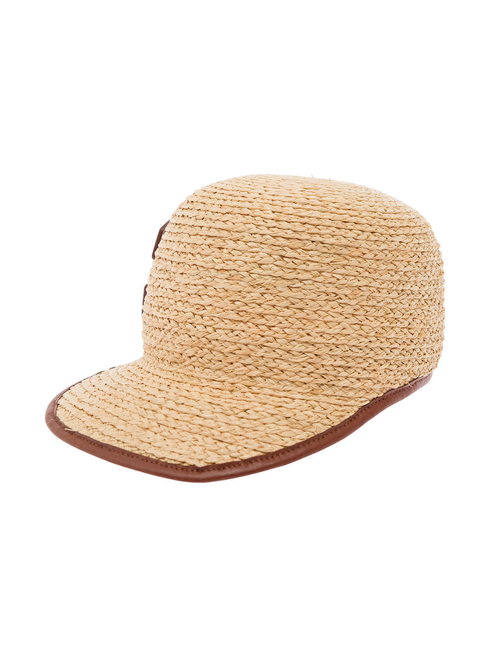 Beige Baseball Cap With Logo Detail Leather And Rafia Woman Natural Fiber Calf Hats Gloves