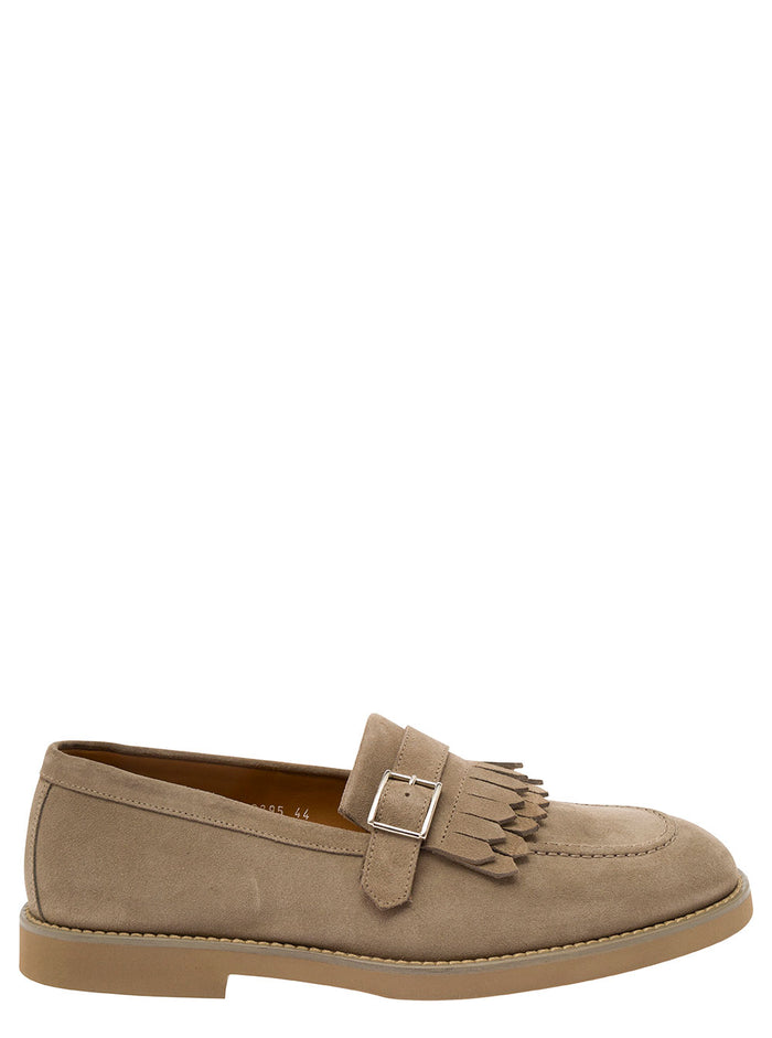 Beige Loafers With Fringe And Buckle Suede Man Calf