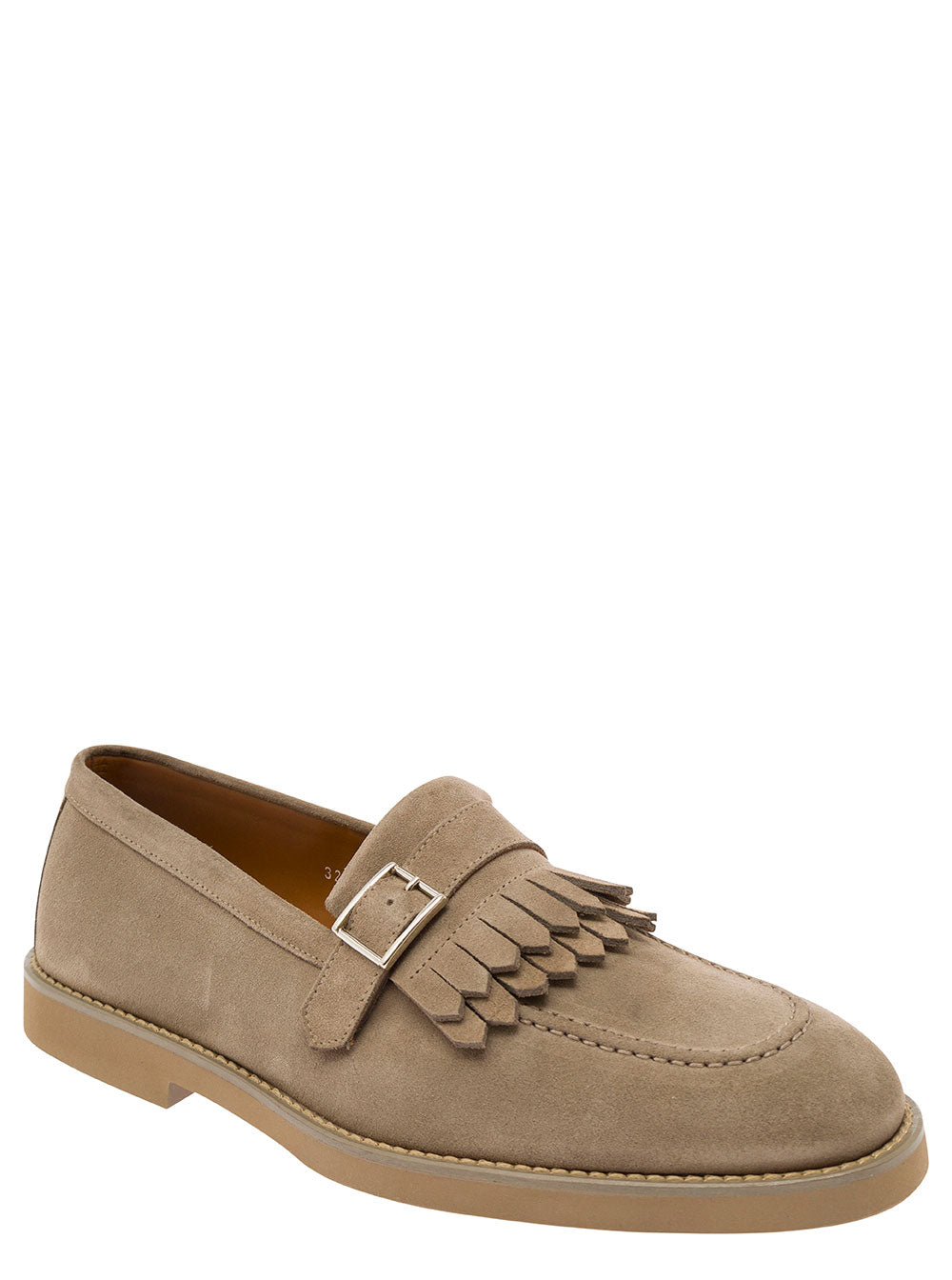 Beige Loafers With Fringe And Buckle Suede Man Calf