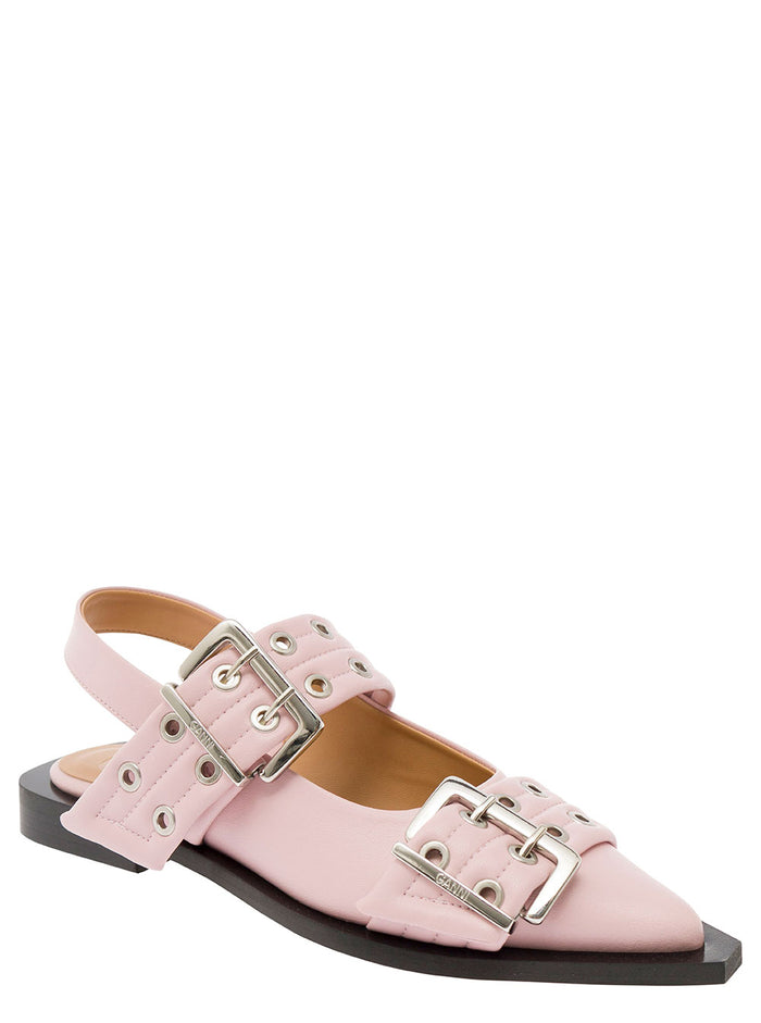 Wide Belt Buckle Pink Ballerina Flat Leather Woman Calf Ballerinas