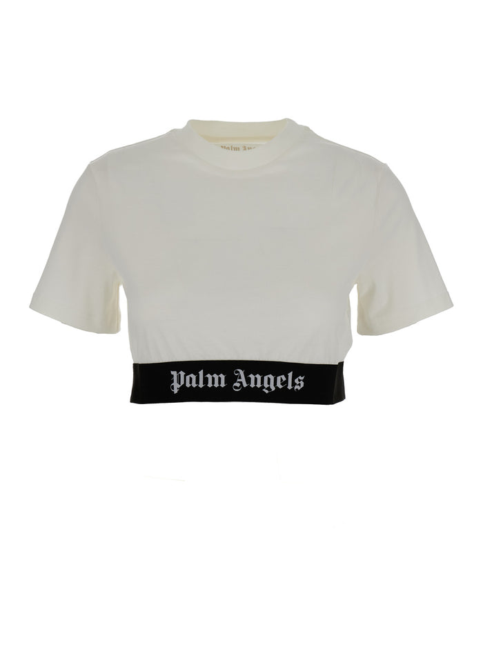 White Cropped T-Shirt With Jacquard Logo Cotton Woman Tshirts And Polo Shirts