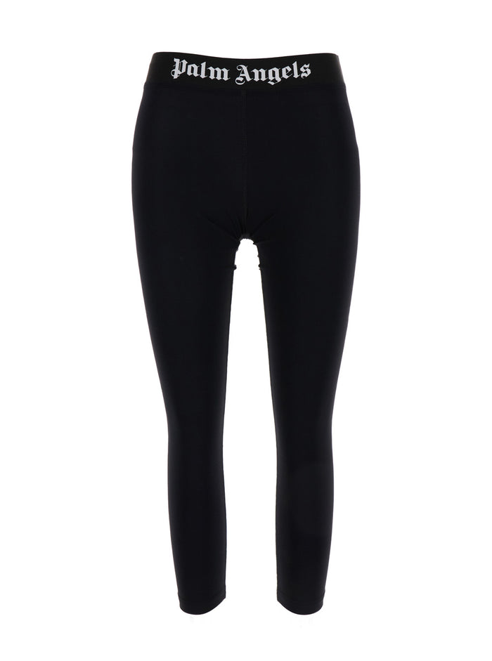 Black Cropped Leggings With Logo Waistband Technical Fabric Woman Polyuréthane Polyester Trousers