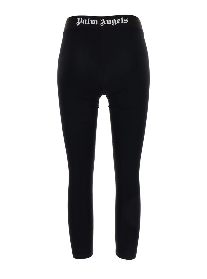 Black Cropped Leggings With Logo Waistband Technical Fabric Woman Polyuréthane Polyester Trousers