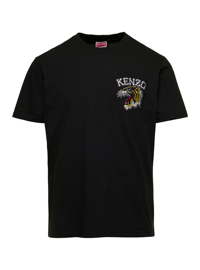 Slim Black T-Shirt With Tiger Patch Cotton Man Tshirts And Polo Shirts